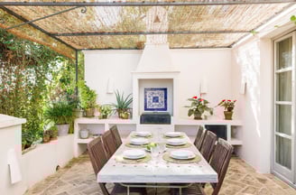 Outdoor dining with wood table, tiled grill, fireplace, vines, and potted plants.