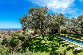Pool surrounded by oak trees and sea views from Finca Santa Katerina