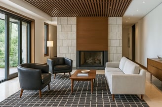 Mid-century style room with cream sofa, black chairs, grid rug, wood ceiling, and stone fireplace.