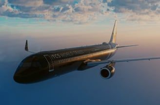 Luxury airplane in flight – Sleek black airplane labeled TCS World Travel flying at sunset.
