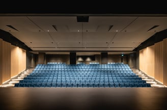 a large auditorium with blue chairs and a stage