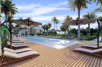 a pool with lounge chairs and umbrellas
