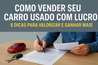 Pessoa preenchendo documentos de venda de veículo, com chave e miniatura de carro vermelho sobre a m