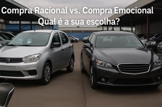 Carros lado a lado em pátio de revenda: à esquerda, hatch prateado popular e econômico; à direita, s
