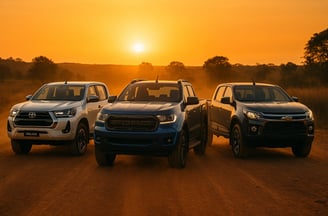 Toyota Hilux, Ford Ranger e Chevrolet S10 lado a lado em estrada de terra ao pôr do sol