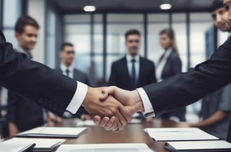 two men shaking hands over a table with papers