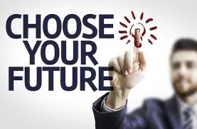 a man in a suit pointing at a light bulb with the words choose your future
