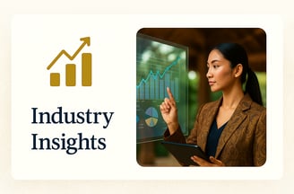 Industry Insights card with a golden rising bar chart icon and a business professional in a fancy ba