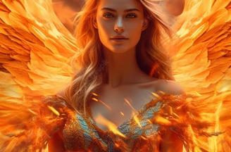 a woman in a dress with a firebird in the background