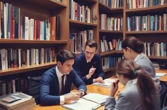 A large multi-story academic building labeled 'Academic Block - 7' stands prominently. The structure is surrounded by lush greenery and well-maintained gardens. There are several yellow buses parked in front of the building, along with pathways and a few people scattered around the campus grounds.