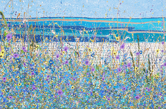 a painting of a field with flowers on the seashore