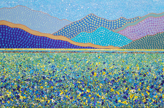 a painting of a field with mountains in the background