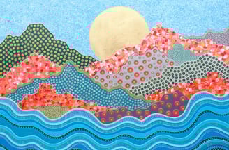 a painting of a mountain scene with a sun setting