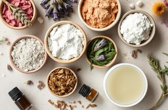 various herbs, clays , and essential oils for soapmaking