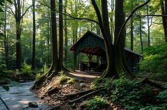 a large shelter in dense forest surrounded by greenery