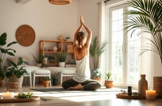  a person practicing yoga, surrounded by plants and herbal remedies