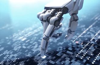 a robot hand holding a piece of technology