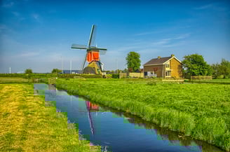 Windmills and water canal in Kinderdijk, Holland or Netherlands