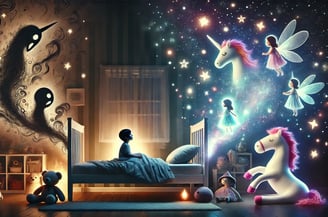 Illustration panoramique montrant le passage symbolique d’un enfant anxieux à un enfant serein grâce à un rituel du soir.