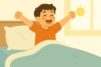 Un enfant souriant dans sa chambre lumineuse, fier de n’avoir pas mouillé son lit pendant la nuit.