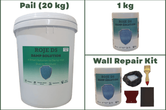 Berbagai varian ROJE DS. Tersedia dalam kemasan 1 kg, pail 20 kg, serta Wall Repair Kit.