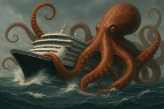 Pieuvre géante qui attaque un bateau pour journée mondiale de la science fiction.