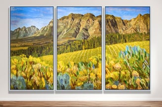 These commissioned triptychs explore expansive landscapes with layered detail and texture. Painted in acrylic on canvas