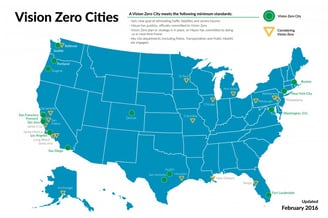 Map of the United States with icons that indicate which cities have adopted Vision Zero