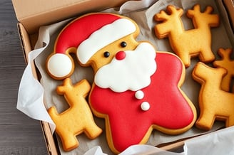 a box cookies shaped like Santa and his reindeers 