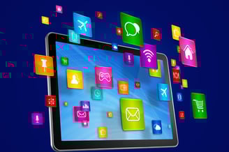 Packaged software solutions with colorful app icons on tablet