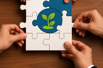 Manos de varias personas encajando piezas de un puzzle sobre una mesa de madera