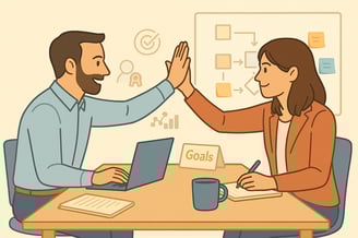 Two people sitting at a desk in a office high-five over a successful UX milestone