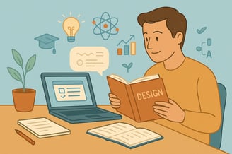 A man at a desk reading a design book. There is a laptop, plant, note book and pad on the desk. Icons on the wall