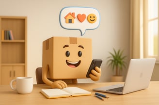 Illustration 3D d’un personnage en carton souriant utilisant un smartphone devant un ordinateur portable, symbolisant un serv