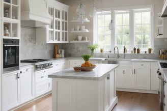 a kitchen with a bowl of fruit on the counter