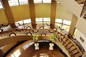 a spiral staircase with a planter and a planter