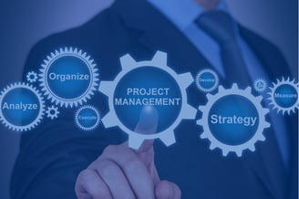 Project management diagram with gears representing deployment, support, and technical services