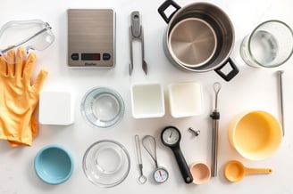 soap making equipment including digital scale, rubber gloves, and various containers and utensils