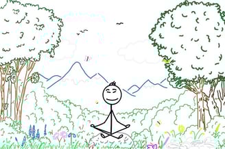 a drawing of a person sitting on a rock meditating with lush vegatation and mountinis back ground