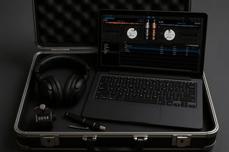 a laptop computer and headphones in a suitcase