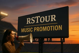 a woman is holding a megaphone and yelling music promotion