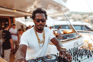 a man in sunglasses and sunglasses is playing music on a boat