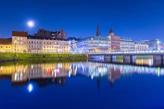 Night city mirrored in the water. Evening panorama of the old European City of Malmo, Sweden