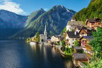 View from height on Hallstatt town between the mountains. Austria