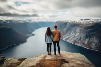 Couple standing on the edge of a cliff and looking at the fjord
