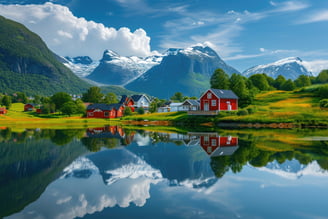 Typical Majestic Mountain Range with Lake in Norway