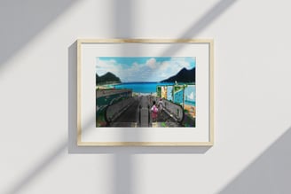 Framed print of Anse Marcel escalator scene with beach view