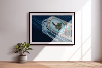 Digital illustration of a luxury cruise ship with the island of St. Martin floating inside a central