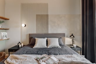 Contemporary Bedroom with custom relief art panels, neutral tones and minimalist interior design