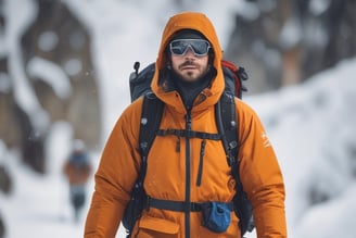 A pair of green hiking shoes with black and yellow accents are worn by someone standing on rocky terrain next to snow. The shoes appear slightly muddy and have a rugged design suitable for outdoor activities.